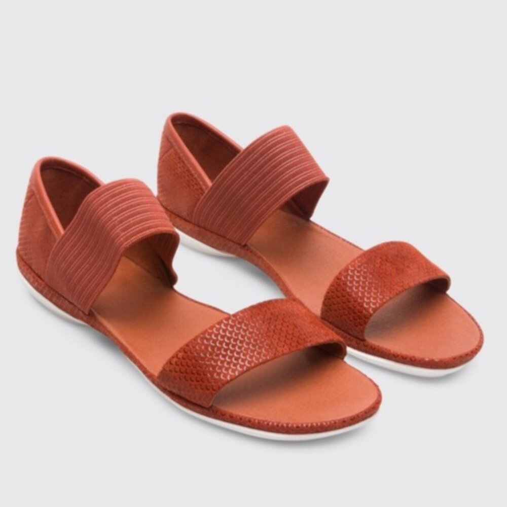 CAMPER Brown Leather Flat Sandals 9/9.5 'Right' Slip-On Stretch Strap